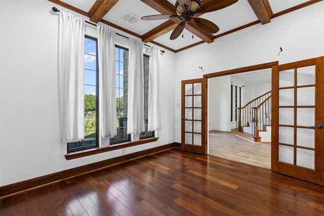805 S Duncan Creek Ct, Weatherford, TX 76087 - spare room featuring french doors, dark wood-type flooring, ceiling fan, beam ceiling, and stairs