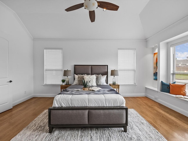 3241 Mindy Ln, Midlothian, TX 76065 - bedroom with lofted ceiling, ornamental molding, wood finished floors, and a ceiling fan