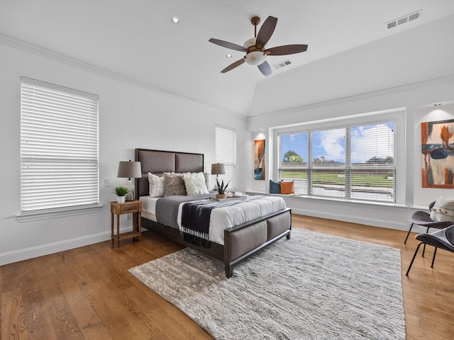 3241 Mindy Ln, Midlothian, TX 76065 - bedroom with lofted ceiling, wood finished floors, crown molding, and ceiling fan