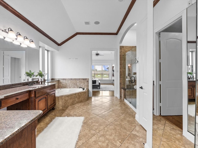 3241 Mindy Ln, Midlothian, TX 76065 - bathroom with ornamental molding, vanity, vaulted ceiling, a stall shower, and a garden tub