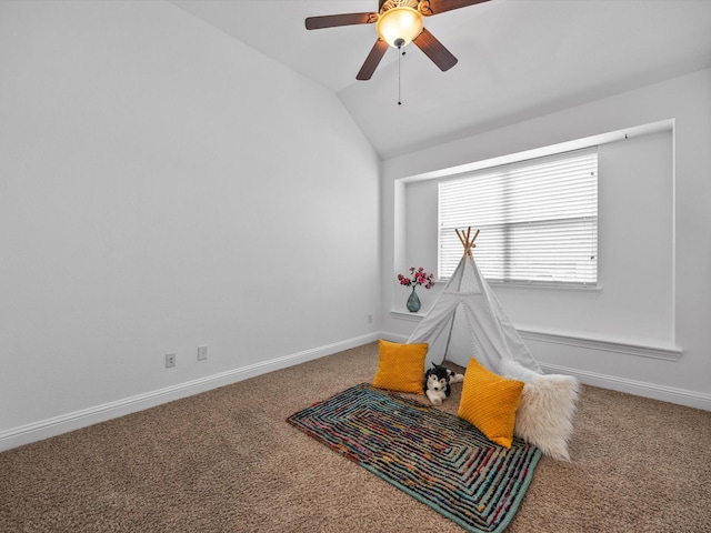 3241 Mindy Ln, Midlothian, TX 76065 - game room with carpet floors, lofted ceiling, and ceiling fan