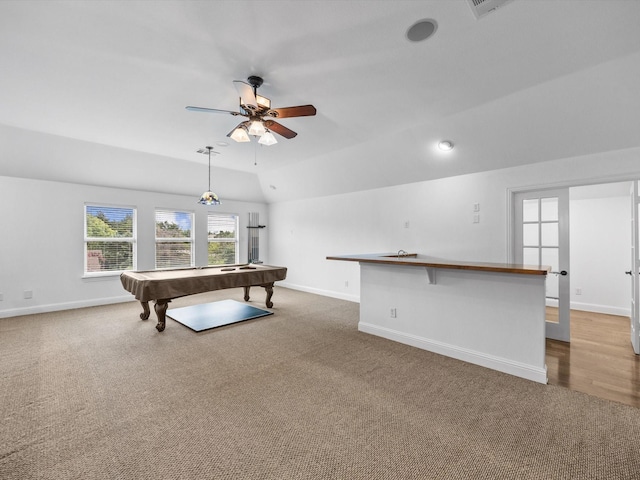 3241 Mindy Ln, Midlothian, TX 76065 - game room with carpet, a ceiling fan, billiards, and lofted ceiling