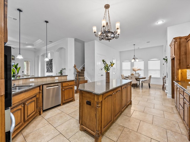 3241 Mindy Ln, Midlothian, TX 76065 - kitchen featuring stainless steel dishwasher, brown cabinets, a center island, plenty of natural light, and recessed lighting