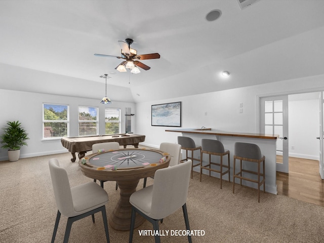3241 Mindy Ln, Midlothian, TX 76065 - dining area with billiards table, carpet flooring, a ceiling fan, lofted ceiling, and recessed lighting
