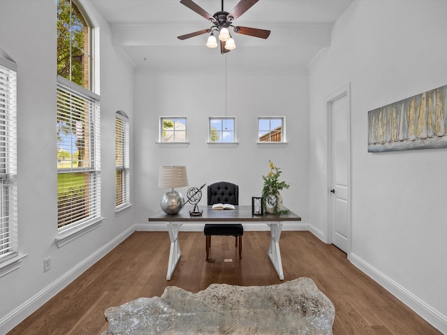 3241 Mindy Ln, Midlothian, TX 76065 - office space featuring crown molding, a ceiling fan, and wood finished floors