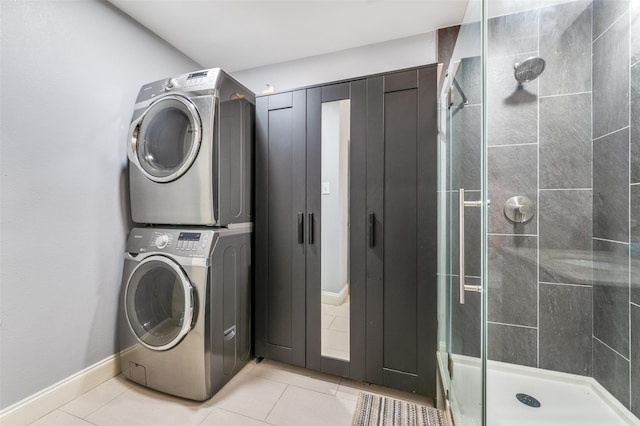 6318 White Oaks Ln, Frisco, TX 75035 - washroom featuring stacked washing machine and dryer and light tile patterned flooring