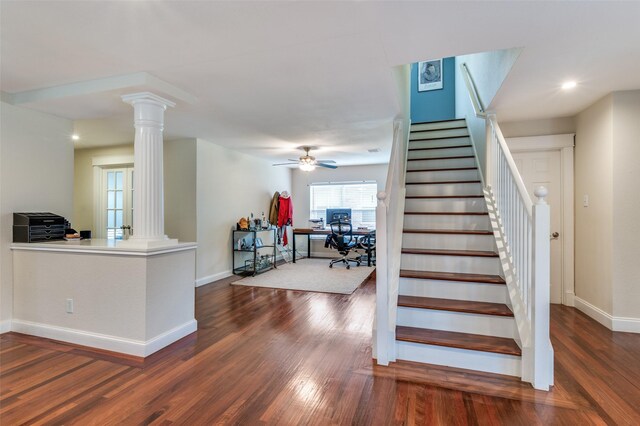 6318 White Oaks Ln, Frisco, TX 75035 - staircase featuring ornate columns, wood finished floors, ceiling fan, and recessed lighting