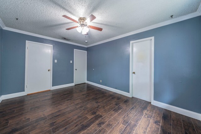 1825 Emerald Dr, Irving, TX 75060 - unfurnished bedroom with wood finished floors, a textured ceiling, ceiling fan, and ornamental molding