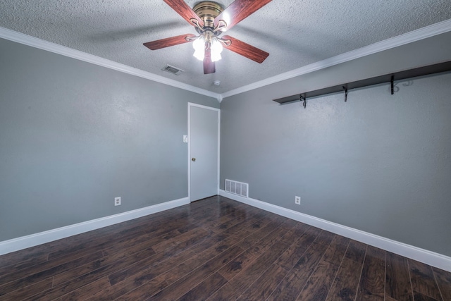 1825 Emerald Dr, Irving, TX 75060 - unfurnished room featuring a textured ceiling, a ceiling fan, dark wood-style floors, and crown molding