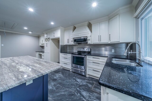 1825 Emerald Dr, Irving, TX 75060 - kitchen with stainless steel appliances, dark marble finish flooring, tasteful backsplash, recessed lighting, and dark stone counters