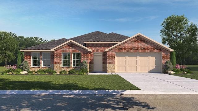 1270 Quartzite St, Cedar Hill, TX 75104 - view of front facade with brick siding, a garage, a front lawn, and a shingled roof