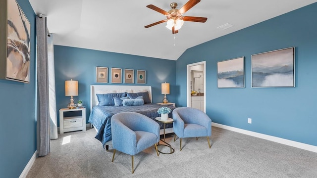 1270 Quartzite St, Cedar Hill, TX 75104 - carpeted bedroom with vaulted ceiling, connected bathroom, and a ceiling fan