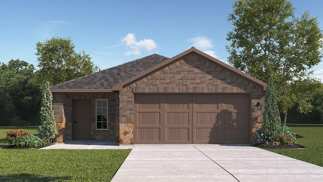 118 Gerber Ln, Boyd, TX 76023 - ranch-style house featuring a front lawn, concrete driveway, a garage, stone siding, and brick siding