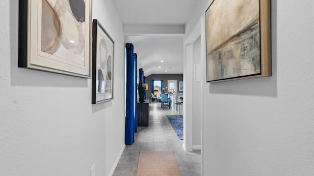 118 Gerber Ln, Boyd, TX 76023 - corridor with tile patterned flooring, lofted ceiling, and recessed lighting