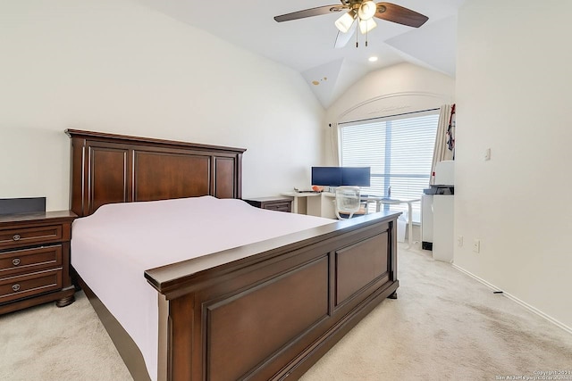 2009 Reddenson Dr, Carrollton, TX 75010 - bedroom featuring light carpet, vaulted ceiling, recessed lighting, ceiling fan, and a desk