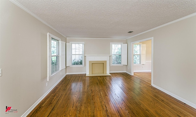 416 Albany Ave, Shreveport, LA 71105 - unfurnished living room featuring a textured ceiling, wood finished floors, healthy amount of natural light, a fireplace, and ornamental molding