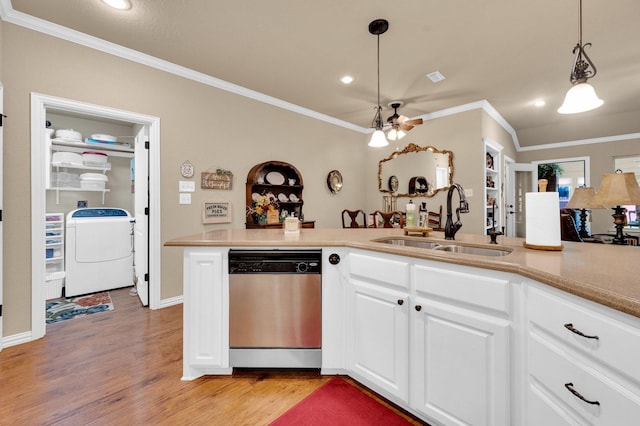 210 Oleander Pl, Waxahachie, TX 75165 - kitchen featuring stainless steel dishwasher, washer / clothes dryer, light wood-style floors, a ceiling fan, and crown molding