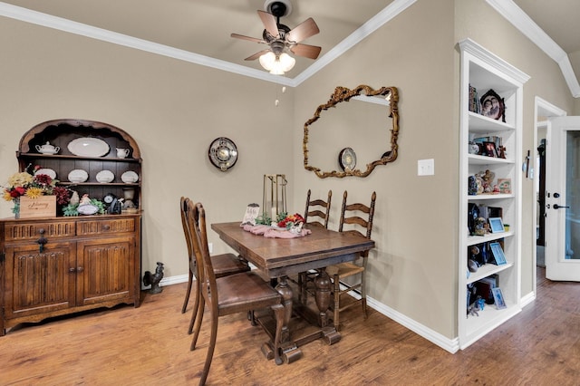 210 Oleander Pl, Waxahachie, TX 75165 - dining area featuring a ceiling fan, light wood-type flooring, and crown molding