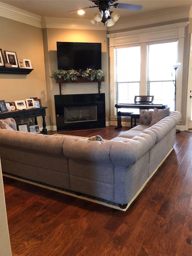 413 Fair Oaks St, Bossier City, LA 71112 - living room with crown molding, a ceiling fan, a fireplace, dark wood-style floors, and recessed lighting