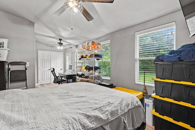 84 Kristin Dr, Pottsboro, TX 75076 - bedroom featuring wood finished floors, a desk, ceiling fan, and lofted ceiling