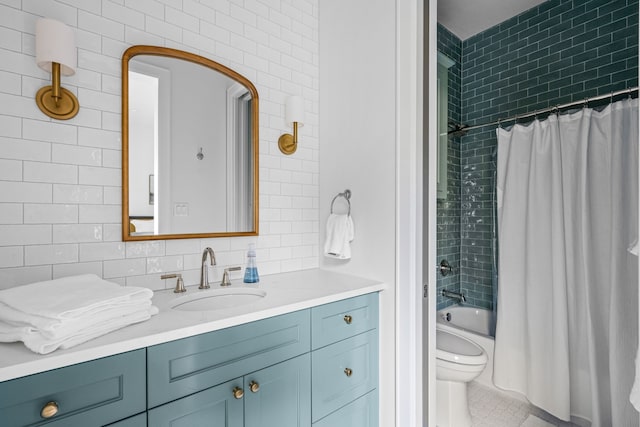 3560 Pleasant Run Cir, Athens, TX 75752 - bathroom featuring vanity, shower / tub combo, tile patterned floors, tile walls, and tasteful backsplash