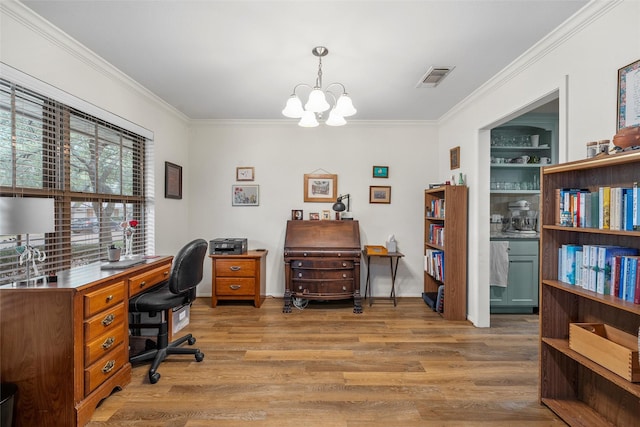5512 Lake Charles Dr, Waco, TX 76710 - office with a chandelier, light wood-type flooring, and ornamental molding