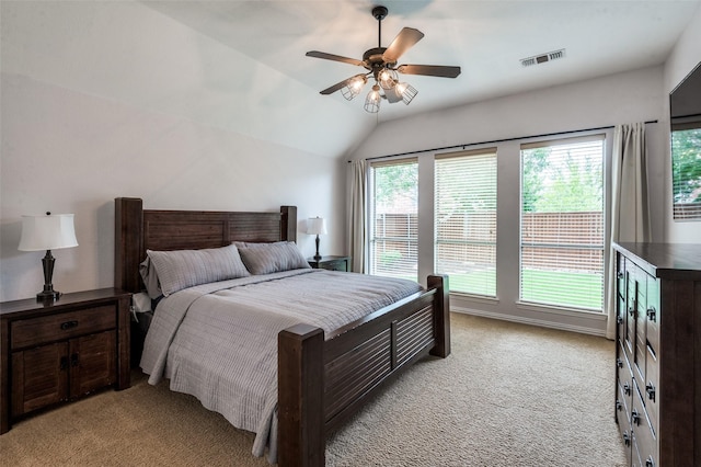 7601 Willowbend Dr, Mckinney, TX 75071 - bedroom featuring light colored carpet, vaulted ceiling, and a ceiling fan