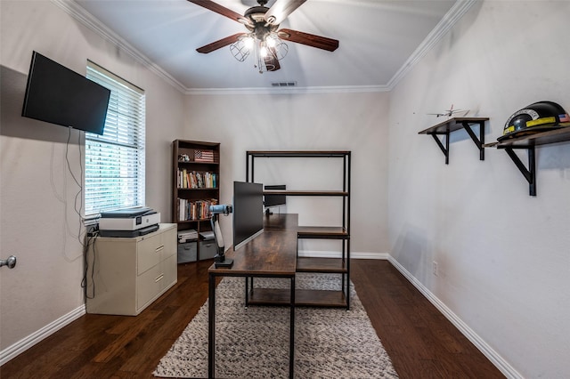 7601 Willowbend Dr, Mckinney, TX 75071 - office area with ceiling fan, wood finished floors, and ornamental molding