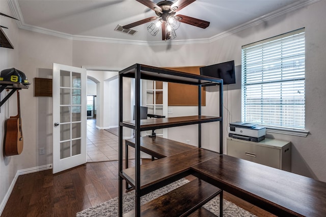 7601 Willowbend Dr, Mckinney, TX 75071 - unfurnished office with french doors, healthy amount of natural light, a ceiling fan, and ornamental molding