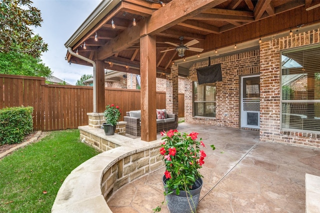 7601 Willowbend Dr, Mckinney, TX 75071 - fenced backyard with a ceiling fan and a patio area
