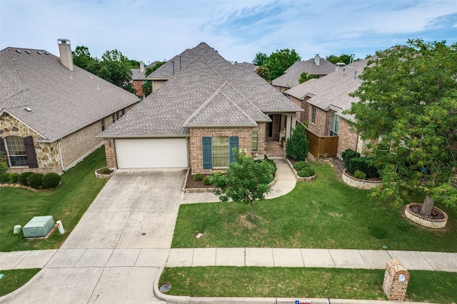 7601 Willowbend Dr, Mckinney, TX 75071 - french country style house featuring a garage, concrete driveway, brick siding, and a front lawn