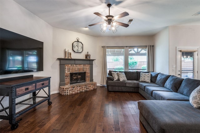 7601 Willowbend Dr, Mckinney, TX 75071 - living area with hardwood / wood-style flooring, a ceiling fan, and a fireplace