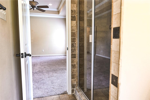 104 Coldwater Creek Ln, Weatherford, TX 76088 - bathroom with crown molding, a ceiling fan, a stall shower, and recessed lighting