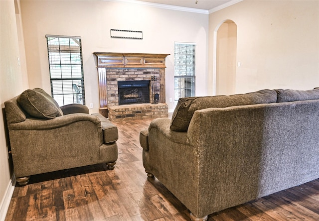 104 Coldwater Creek Ln, Weatherford, TX 76088 - living room featuring dark wood-style flooring, arched walkways, ornamental molding, and a fireplace