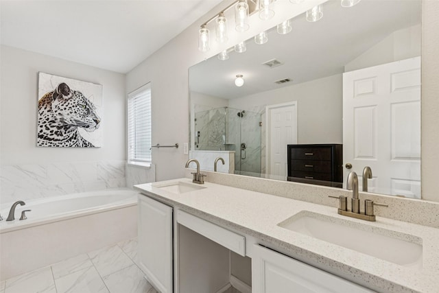 2708 Ferdinand, Grand Prairie, TX 75054 - bathroom featuring a marble finish shower, a garden tub, double vanity, and marble finish flooring