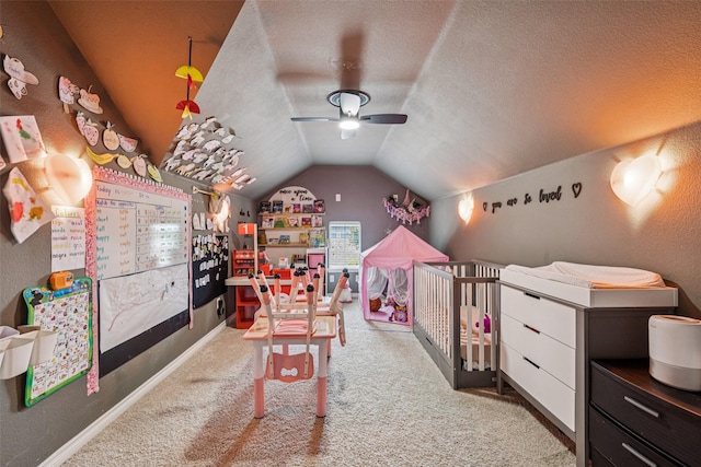 2708 Ferdinand, Grand Prairie, TX 75054 - recreation room featuring vaulted ceiling, carpet, and a ceiling fan