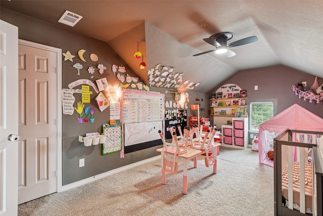 2708 Ferdinand, Grand Prairie, TX 75054 - recreation room with carpet, lofted ceiling, and a ceiling fan
