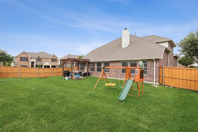 2708 Ferdinand, Grand Prairie, TX 75054 - back of property with a pergola, a chimney, a fenced backyard, brick siding, and roof with shingles