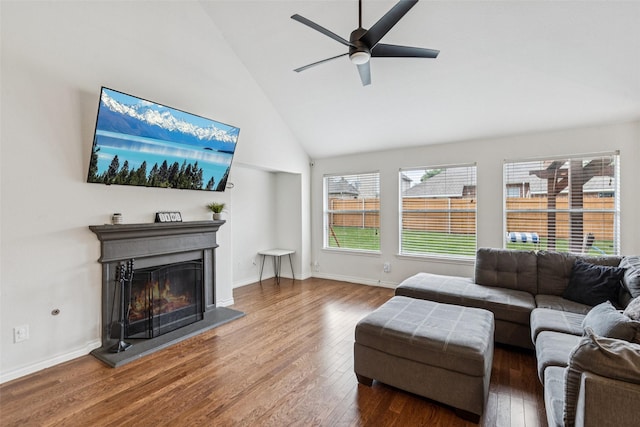 2708 Ferdinand, Grand Prairie, TX 75054 - living area featuring wood-type flooring, high vaulted ceiling, ceiling fan, and a warm lit fireplace