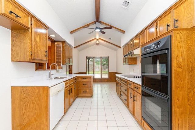 3004 Glasgow Dr, Arlington, TX 76015 - kitchen with black appliances, a peninsula, under cabinet range hood, brown cabinets, and light countertops
