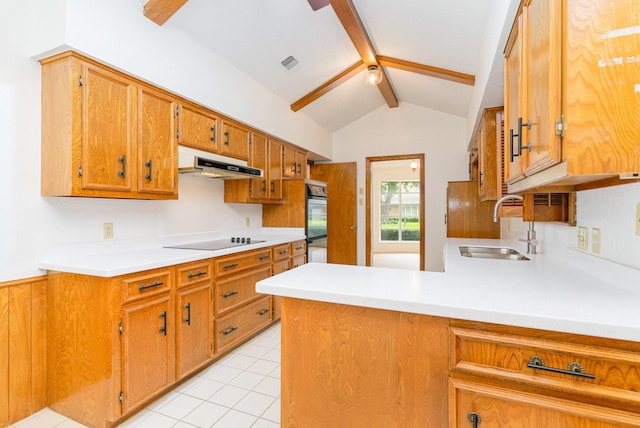 3004 Glasgow Dr, Arlington, TX 76015 - kitchen with under cabinet range hood, black appliances, light countertops, a peninsula, and light tile patterned floors