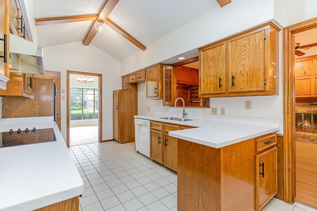 3004 Glasgow Dr, Arlington, TX 76015 - kitchen featuring dishwasher, black electric stovetop, light countertops, light tile patterned floors, and a chandelier