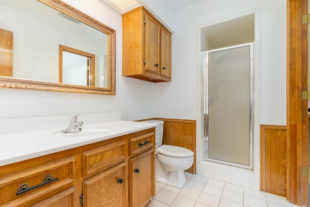 3004 Glasgow Dr, Arlington, TX 76015 - bathroom with a wainscoted wall, vanity, a shower stall, tile patterned floors, and wood walls