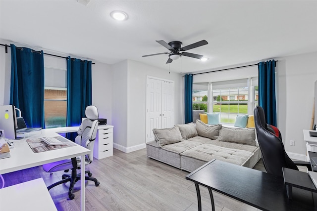348 Thompson St, Fort Worth, TX 76134 - office featuring a ceiling fan, light wood finished floors, and recessed lighting