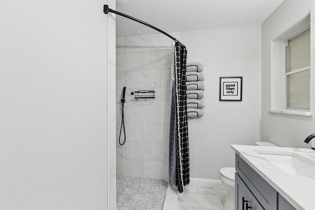 348 Thompson St, Fort Worth, TX 76134 - bathroom featuring marble look tile flooring, vanity, and a tile shower