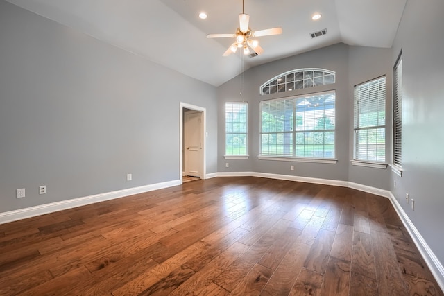 305 Wood Duck Ln, Mckinney, TX 75072 - unfurnished room featuring dark wood-style flooring, ceiling fan, lofted ceiling, and recessed lighting