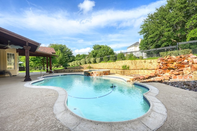 305 Wood Duck Ln, Mckinney, TX 75072 - view of pool with a patio area, a fenced backyard, a ceiling fan, and a pool with connected hot tub
