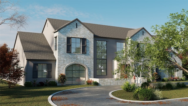 6720 Willow Ln, Dallas, TX 75230 - view of front of house featuring stone siding, a front lawn, and a shingled roof