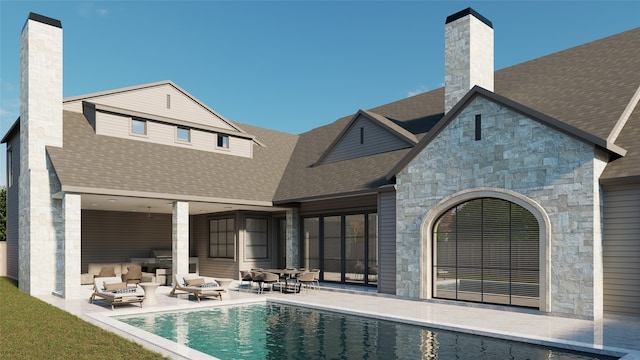 6720 Willow Ln, Dallas, TX 75230 - back of property with a patio area, stone siding, an outdoor pool, and a chimney