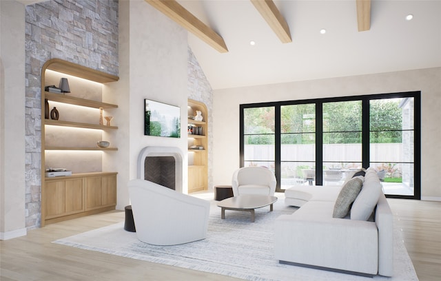 6720 Willow Ln, Dallas, TX 75230 - living room featuring wood finished floors, beamed ceiling, built in shelves, and high vaulted ceiling